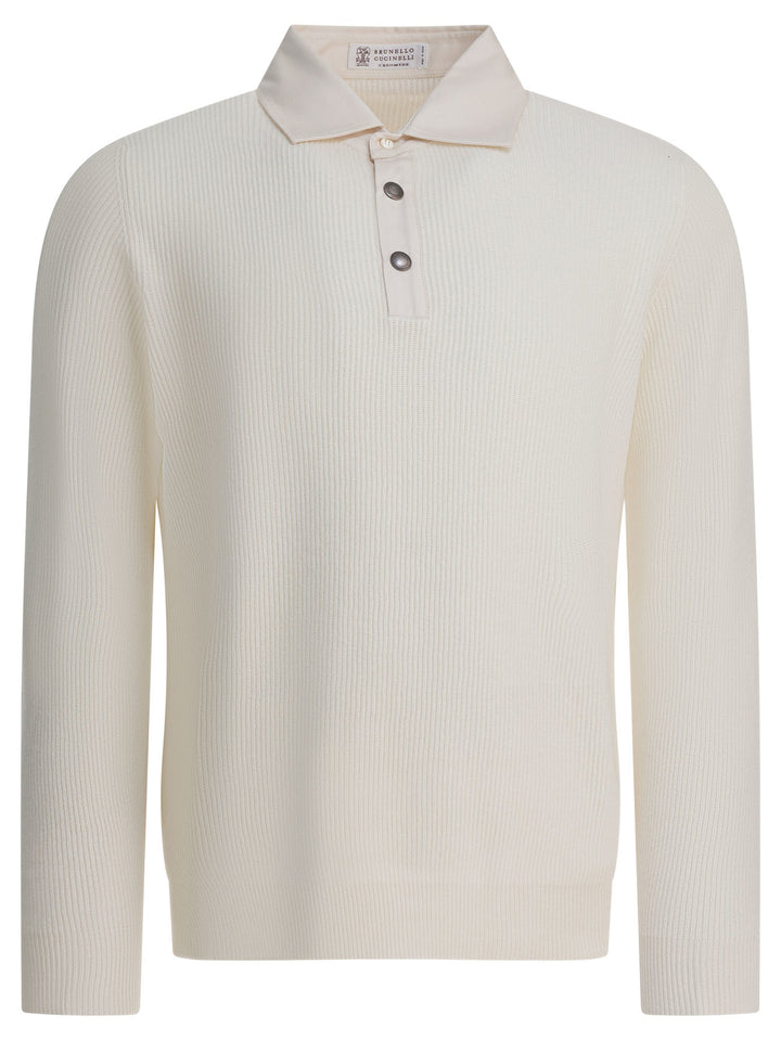 Brunello Cucinelli Ribbed Knit Polo Shirt Knitwear - Bianco | 944499236224d1ec1ef6f8fe6669e10f6dac9ae3