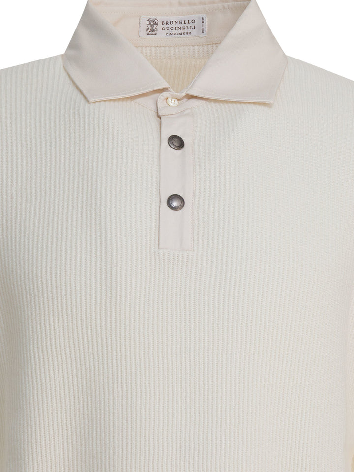Brunello Cucinelli Ribbed Knit Polo Shirt Knitwear - Bianco | e740051970a46e8b43372c3fc41b9d895f340c2a