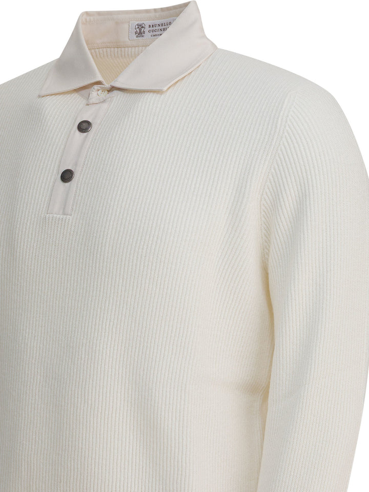 Brunello Cucinelli Ribbed Knit Polo Shirt Knitwear - Bianco | 8217dff18ecb6984a0d8f6e8b30d653a966923d9