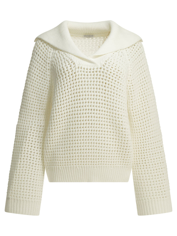 Cotton V-Neck Sweater Knitwear Bianco