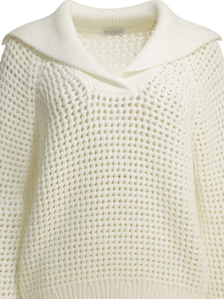 Brunello Cucinelli Cotton V-Neck Sweater Knitwear - Bianco | 125059a08fcc79cdc7ecb68f044cec6b7de3c4d2