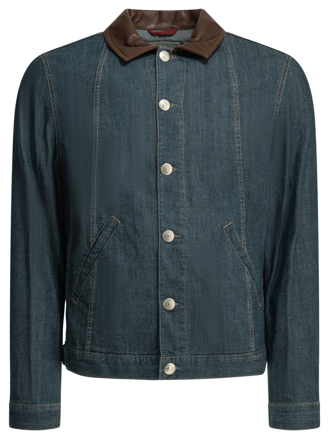 Brunello Cucinelli Denim Jacket With Leather Collar Jackets and Coats - Blu | 5937f2f1f3d466bdb266801ecb8e16036aef788d