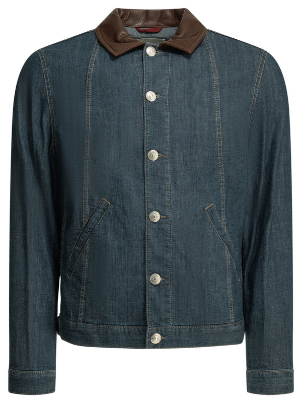 Denim Jacket With Leather Collar Jackets And Coats Blu