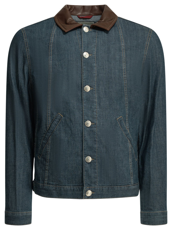 Brunello Cucinelli Denim Jacket With Leather Collar Jackets and Coats - Blu | 5937f2f1f3d466bdb266801ecb8e16036aef788d