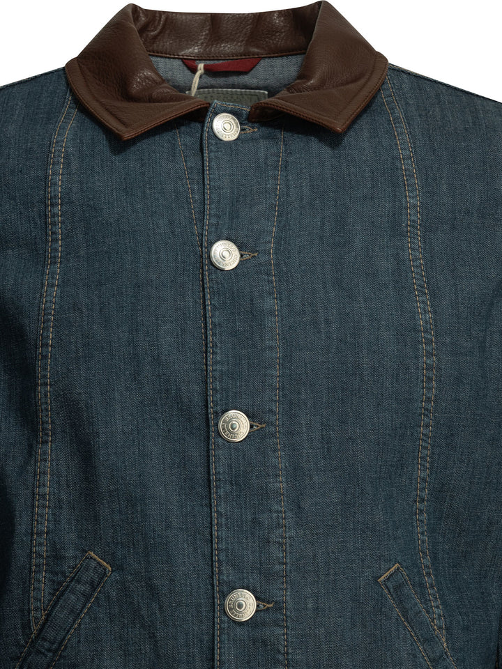 Brunello Cucinelli Denim Jacket With Leather Collar Jackets and Coats - Blu | 65de6cc929d462741161838ac7a3b6659a4b8c09