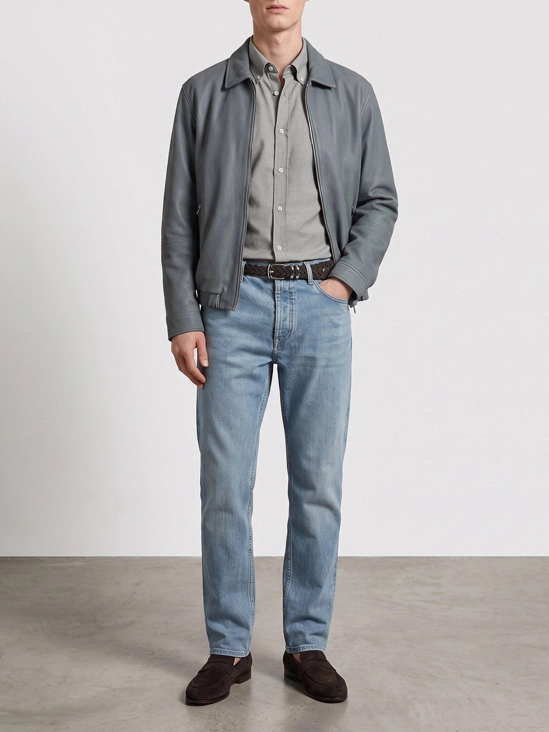 Brunello Cucinelli Nubuck Leather Jacket Jackets and Coats - Light blue | 68992af0bb72e811df4965c9e77410e26d211e25