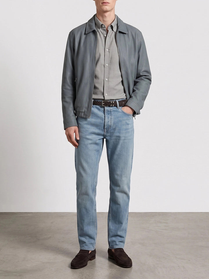 Brunello Cucinelli Nubuck Leather Jacket Jackets and Coats - Light blue | 68992af0bb72e811df4965c9e77410e26d211e25