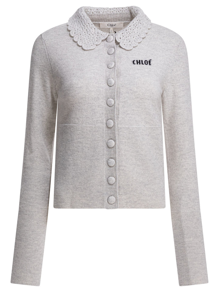 Chloé Wool Cardigan With Logo Knitwear - Grey | 3f0438f67892faf4cb8151d44267866672e8a15b