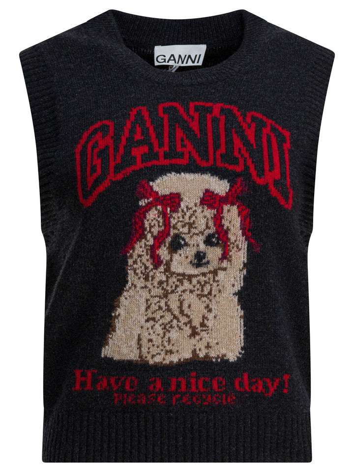Ganni Wool Vest With Logo Knitwear - Nero | 678b2cf3d238137c4ed62705f3b840107a3369a6