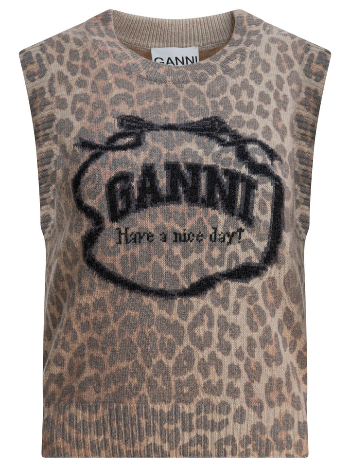 Ganni Wool Vest With Logo Knitwear - Marrone | eee42e6aaca6a18ba15c0c60487d5faf9b013460