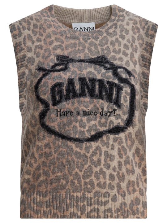 Wool Vest With Logo Knitwear Marrone