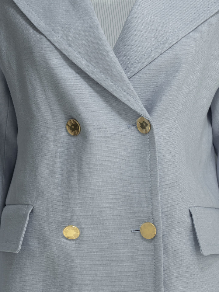 Max Mara S Linen Double-Breasted Blazer Jackets and Coats - Light blue | 53e9e140e53f75a55fd0628a90104fe377f3520c