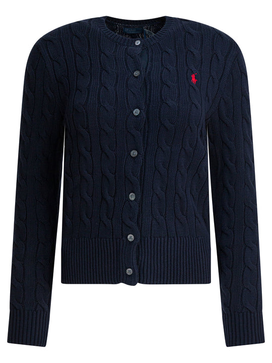 Braided Crewneck Cardigan With Logo Knitwear Blu