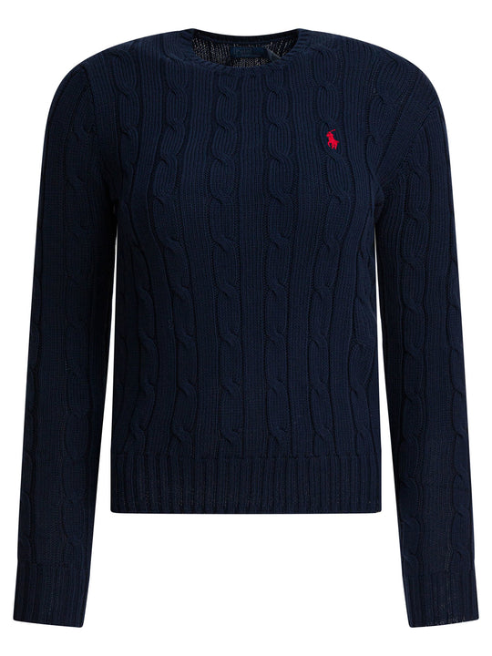 Crew-Neck Cable-Knit Sweater With Logo Knitwear Blu
