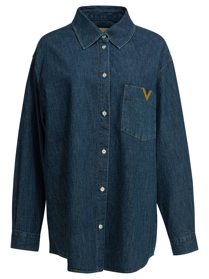Valentino Denim Shirt With Vlogo Shirts - Blu | 44d68ab2468d0282e2068e986150c37cdedc12cf