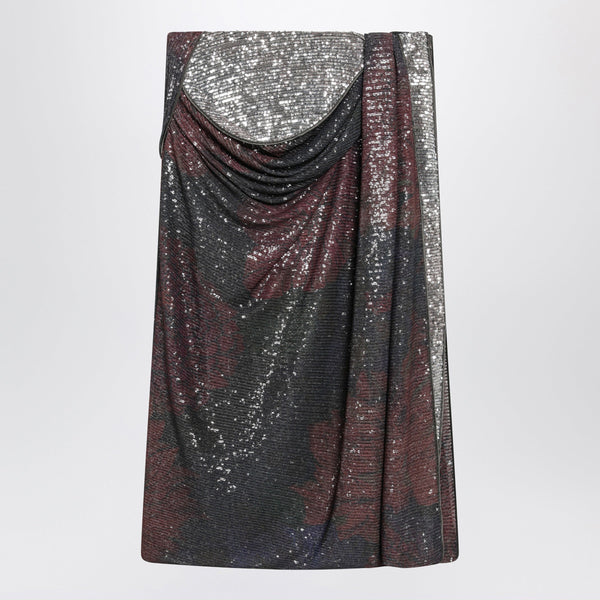 Printed Draped Sequin Maxi Skirt In Blue And Burgundy