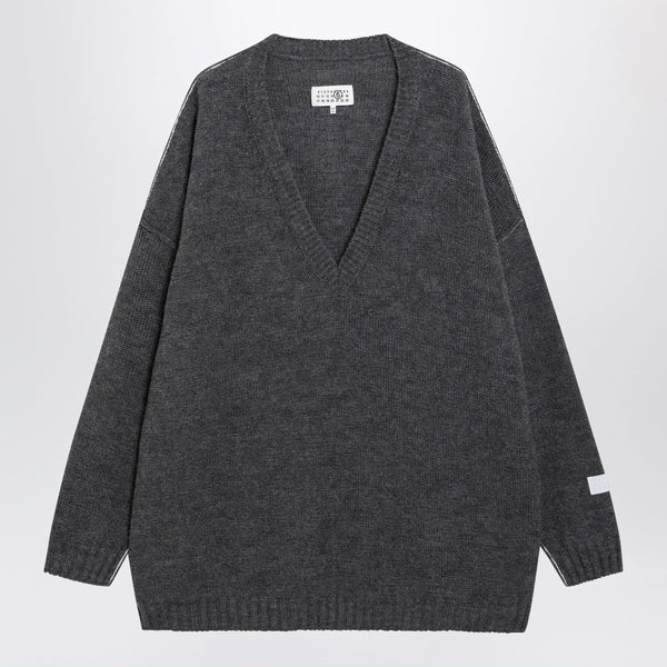 Grey Mélange Oversized V-Neck Knit Sweater
