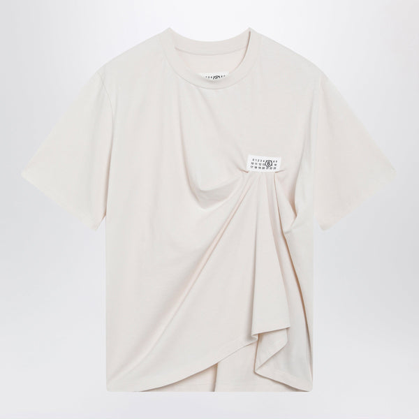 Écru Draped T-Shirt With Logo Patch