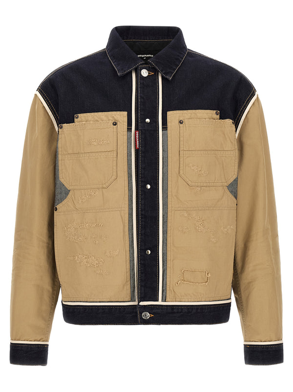 Two-Material Denim Jacket Beige