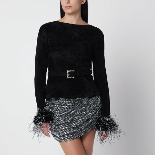 Black Chenille Knit Top With Feather Trim