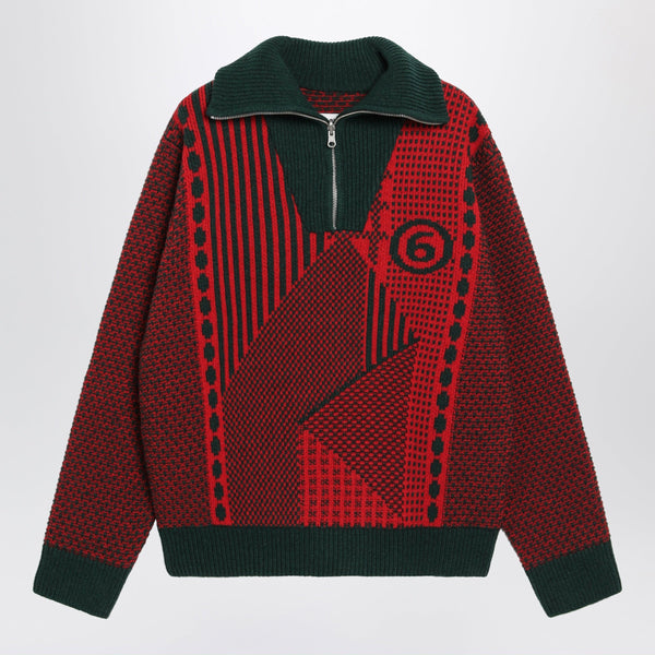 Red/Forest Green Wool Blend Jacquard Knit Sweater