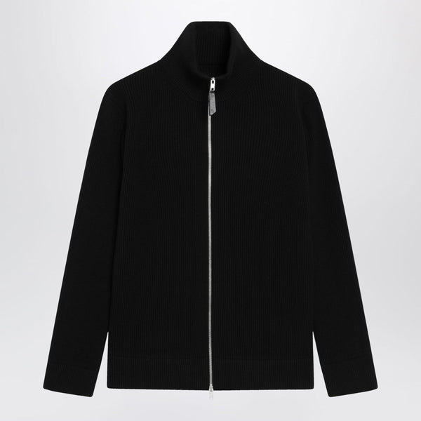 Zip-Up Knit Cardigan In Black Cotton And Wool