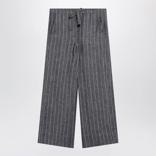 Navy Blue Denim-Effect Pinstripe Linen Trousers