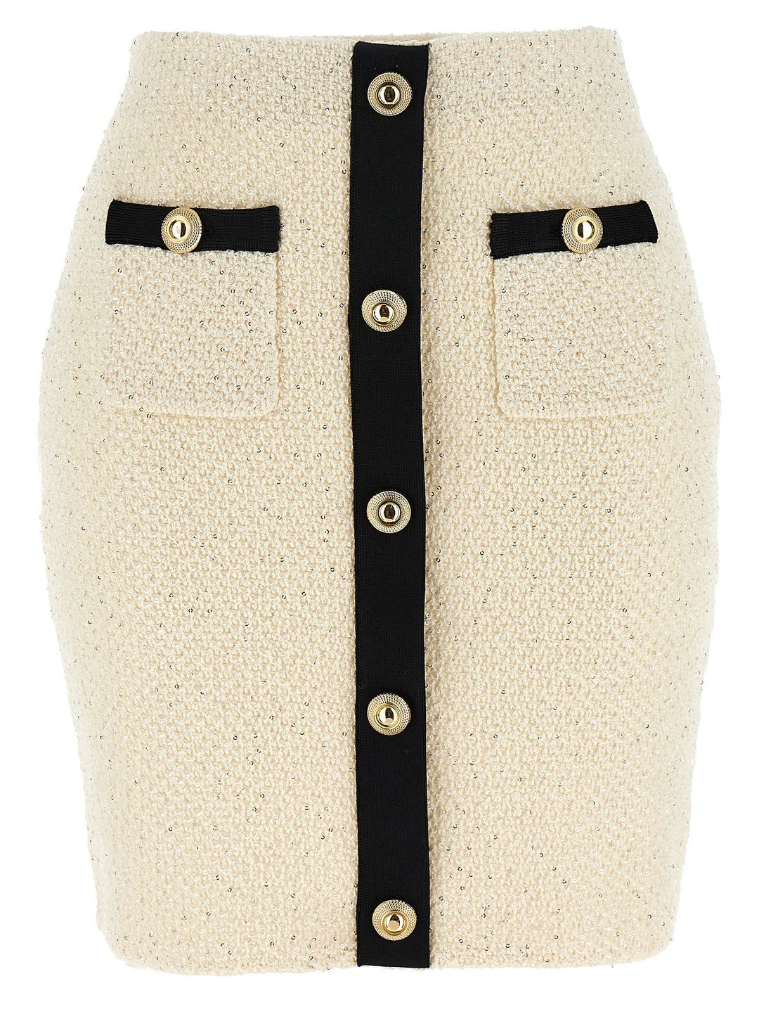Self Portrait Cream Sequin Knit Mini Gonne - Bianco/Nero | 608c05df1851148db0cfc6127b61def1a4b796d6