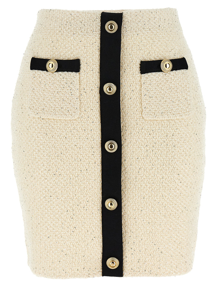 Self Portrait Cream Sequin Knit Mini Gonne - Bianco/Nero | 608c05df1851148db0cfc6127b61def1a4b796d6