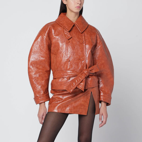 Jacke in Lederoptik mit Gürtel, Hellbraun