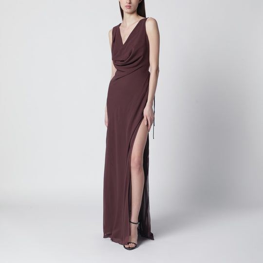 Aubergine Silk-Blend Long Dress