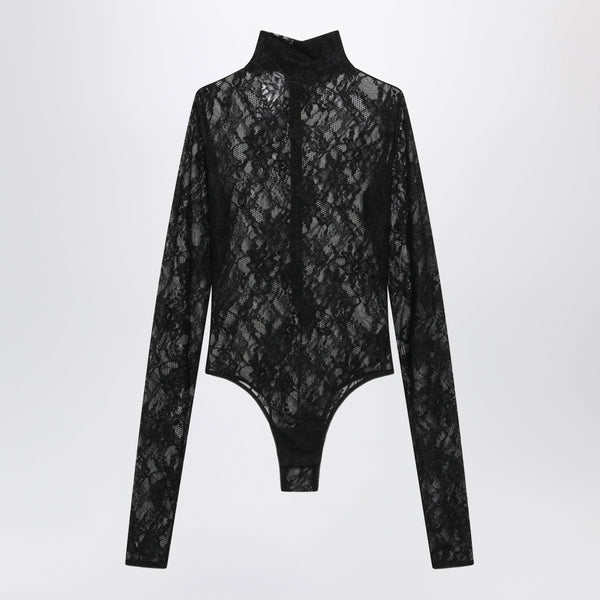 Black Semi-Sheer Lace Turtleneck Bodysuit