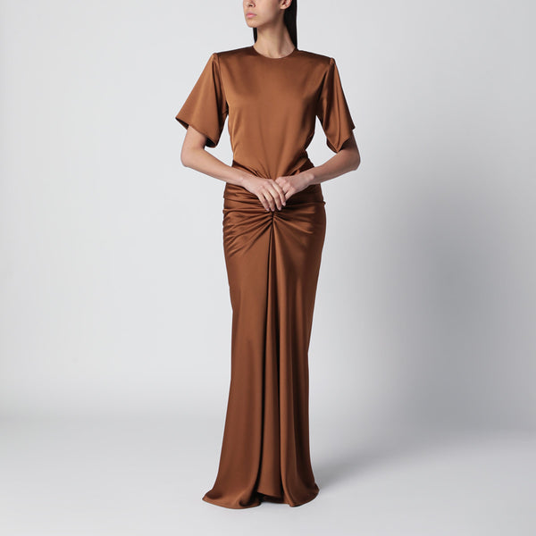 Long Iris Dress In Bronze With Gathered Waist