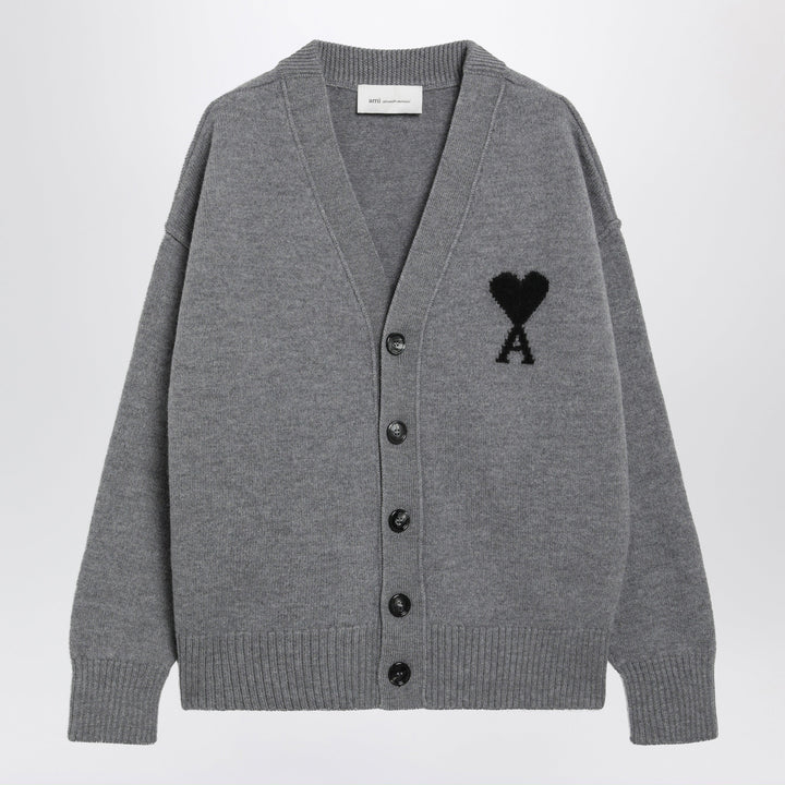 Ami Paris Grey Ami De Coeur Merino Wool Cardigan