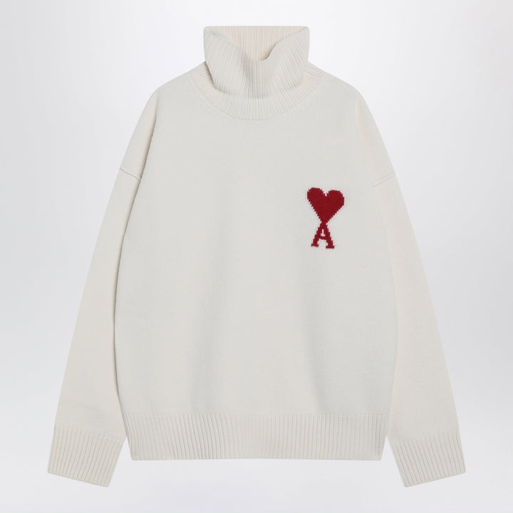 Ami Paris Ami De Coeur White Wool Roll-Neck Jumper