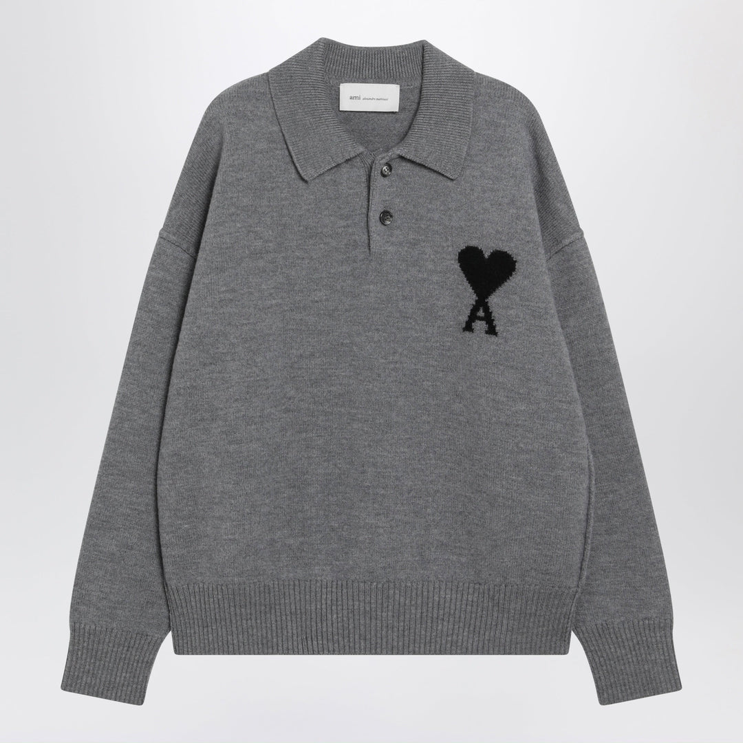 Ami Paris Grauer Ami De Coeur Polo-Pullover aus Wolle