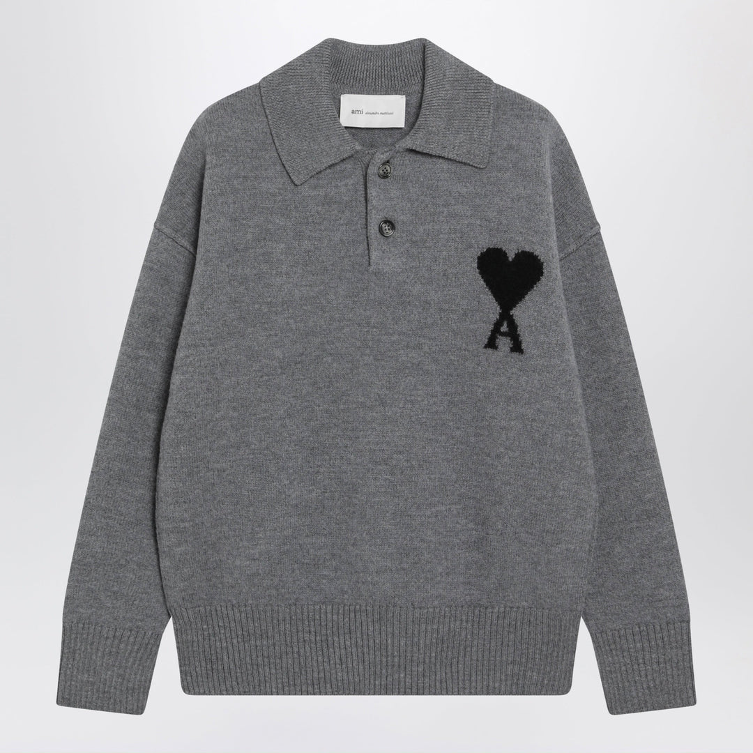 Ami Paris Graues Ami De Coeur Polo-Pullover aus Wolle