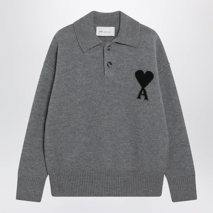 Ami Paris Graues Ami De Coeur Polo-Pullover aus Wolle