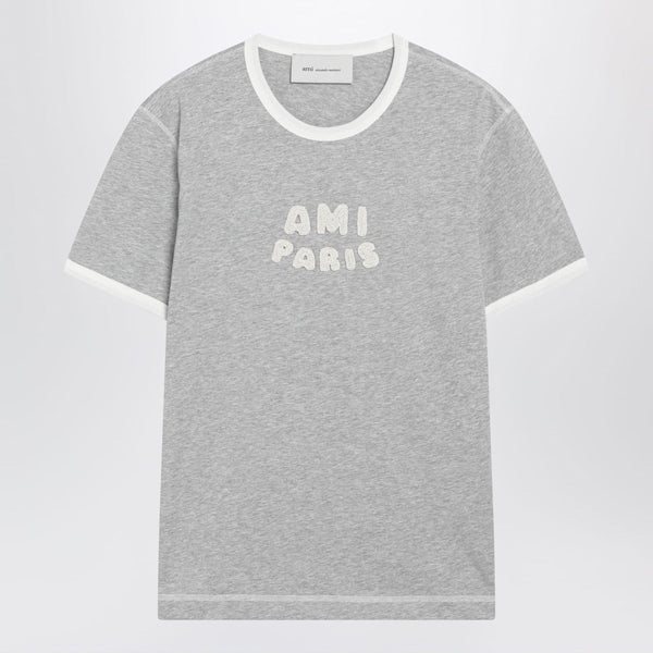 Grey/Cream Cotton T-Shirt With Logo Appliqué