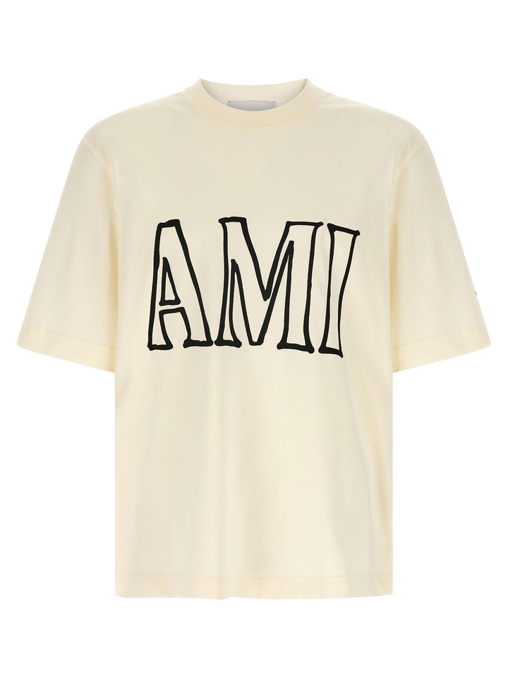 Ami Paris Logo Print T shirt - Beige | 9564fb6b7185d5b5cbfc3aef0621113a066f8494