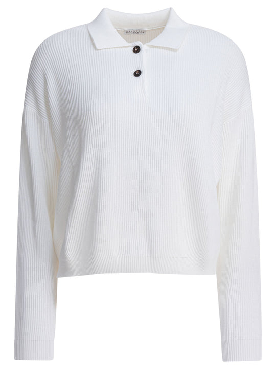 Cotton Polo Sweater Knitwear Bianco