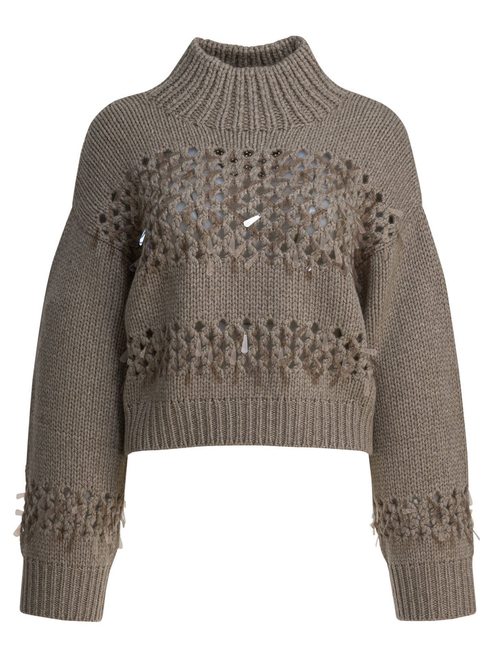 Brunello Cucinelli Embellished Cashmere Crewneck Sweater Knitwear - Marrone | 40e6654b6d409b723a4b0182499a24b10eab0c95