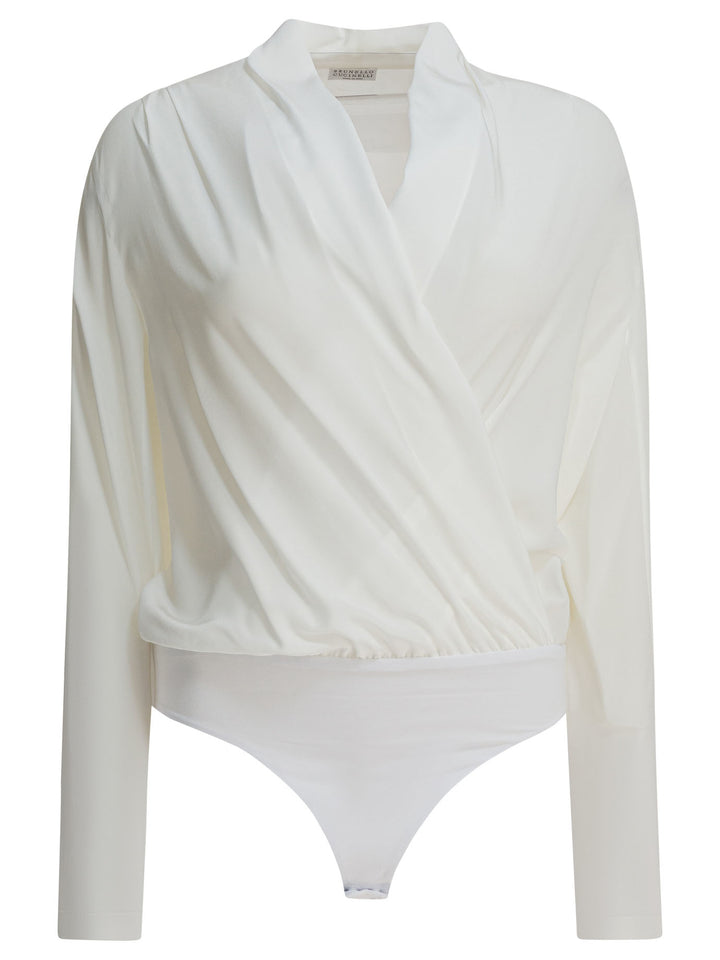 Brunello Cucinelli Silk Crepe De Chine Bodysuit Top - Bianco | 8e6636e4a0df9d7392c5f33592703fa491739108