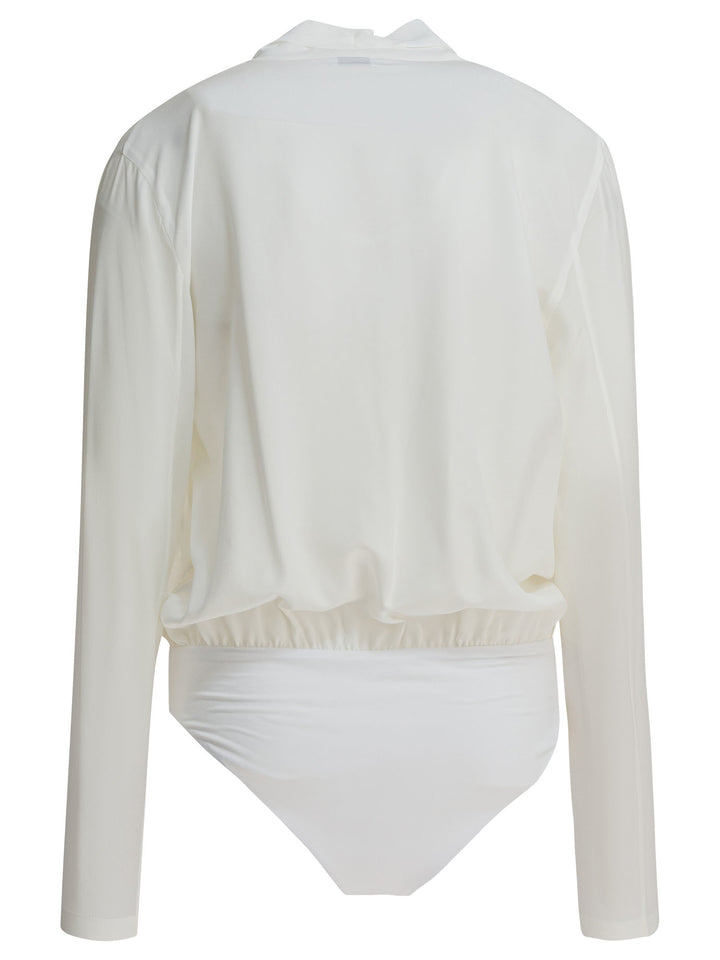Brunello Cucinelli Silk Crepe De Chine Bodysuit Top - Bianco | 3c75963dab5d86650c1d26451cf69b6b0d9fa886