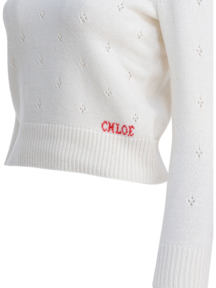 Chloé Perforated Wool And Cashmere Sweater Knitwear - Bianco | 56939b76e00778fc044290036ebfd18289ee59a2