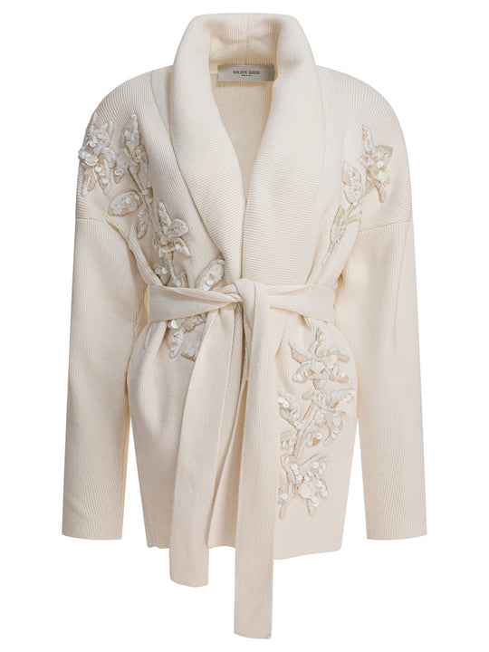Cardigan With Floral Embroidery Knitwear Bianco