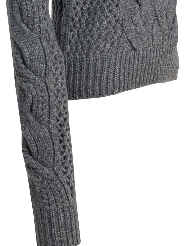 Max Mara Sportmax Wool-Blend Crewneck Sweater With Braids Knitwear - Grey | 82011d3cfbcaff3785ac3dafa9177dabe19ef674