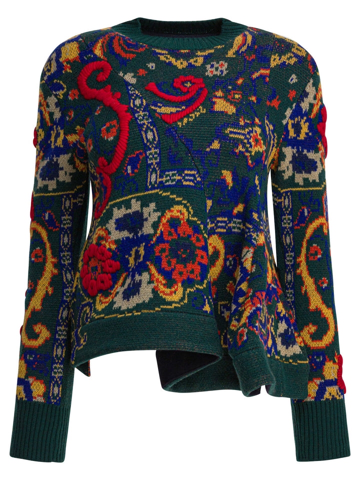 Sacai Floral Jacquard Knit Sweater Knitwear - Verde | 3e1a695f6ee49969bca0546b4b100464448abc13