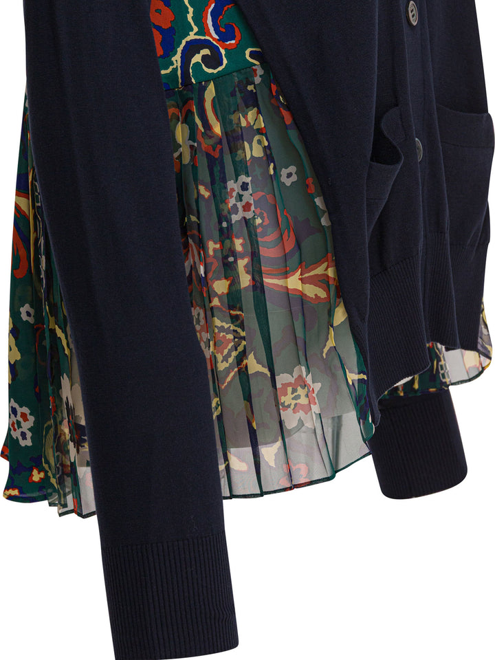 Sacai Cardigan With Floral Print Knitwear - Blu | 5855f56d179502dcbc3729d5f4de9d7781c45eb3