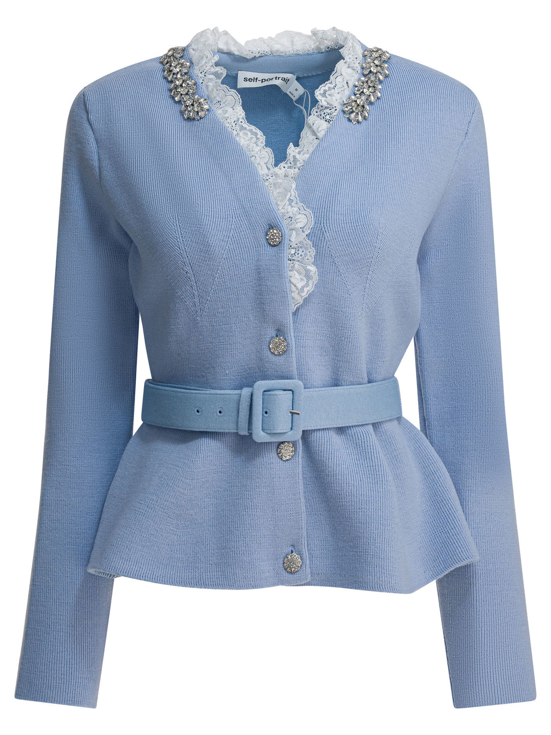 Self-Portrait Embellished Wool-Blend Cardigan Knitwear - Light blue | 804a772915cfe7143c41aa2a8132f0ed0ebe4e10